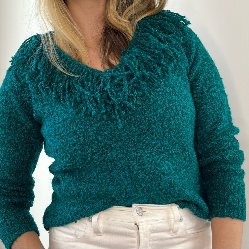 Teal Knobby Knit Sweater with Fringe Collar